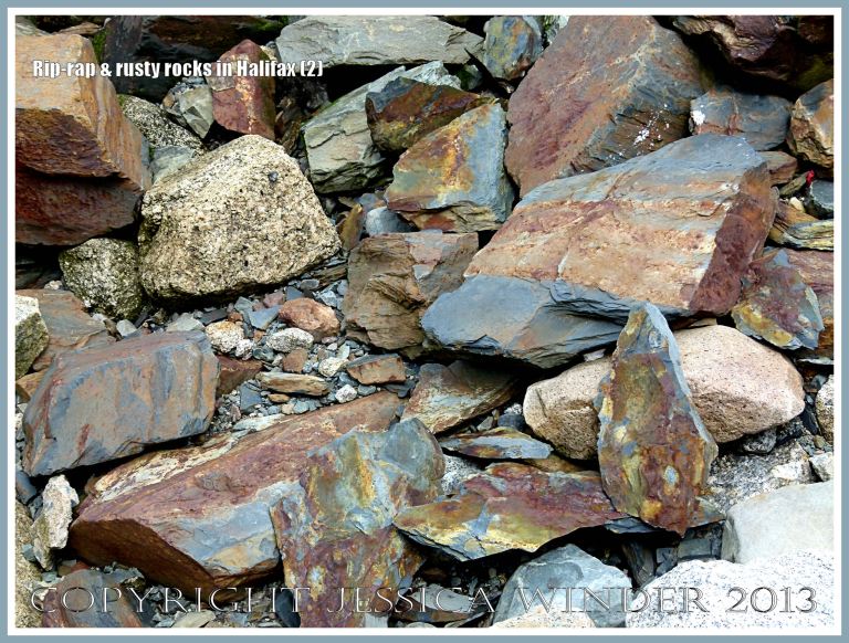 Protective rock rip-rap along the Halifax Harbour waterfront, Nova Scotia, Canada.
