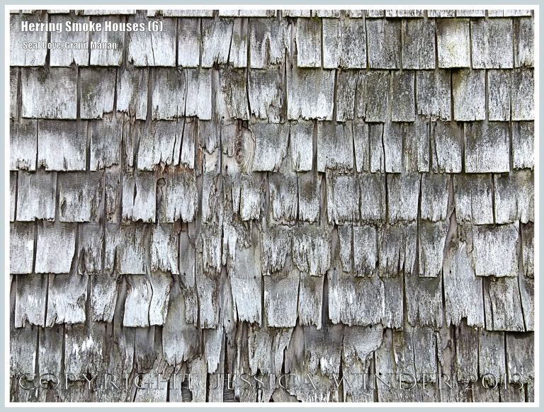 Detail of weathered wooden shingles on an old herring smoke house at Seal Cove, on the island of Grand Manan, New Brunswick, Canada.