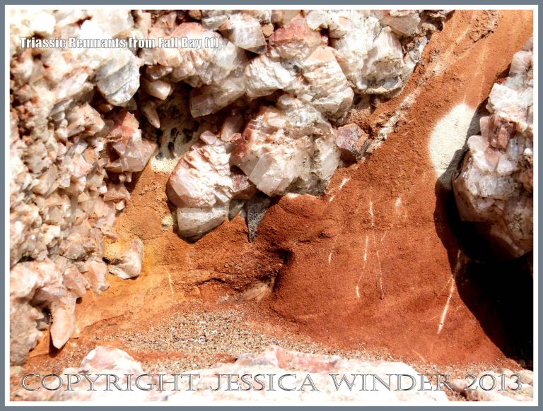 Red Triassic rock remnant with calcite crystal in faulted Carboniferous limestone.
