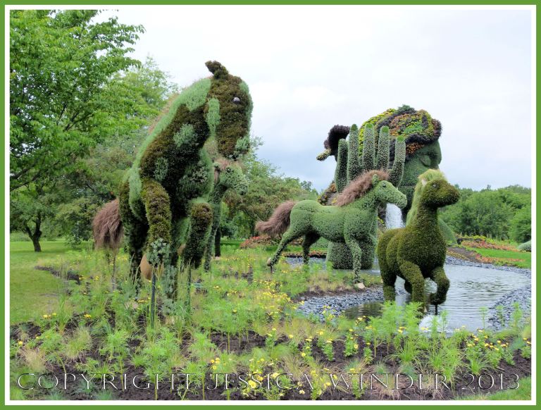 Mosaiculture sculpture horses made with living plants as part of "Mother Earth" tableau.