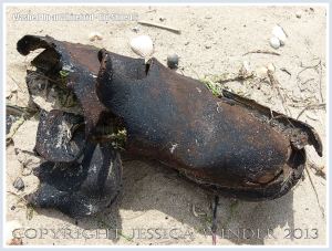 Old leather shoe washed ashore as flotsam on a sandy beach
