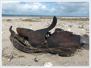 Old leather shoe washed ashore as flotsam on a sandy beach