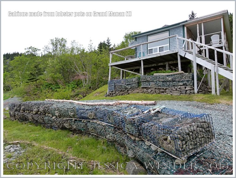 Sea defence gabions made with pebble-filled old lobster pots