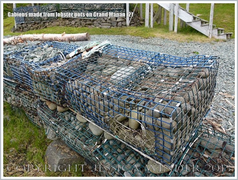Sea defence gabions made with pebble-filled old lobster pots