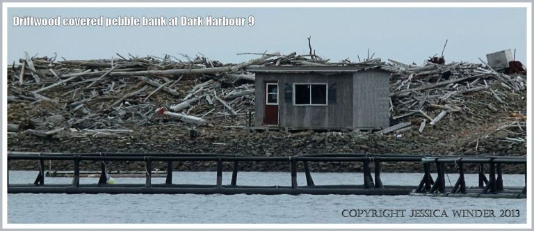 Driftwood timbers and fishermen's hut on a pebble bank