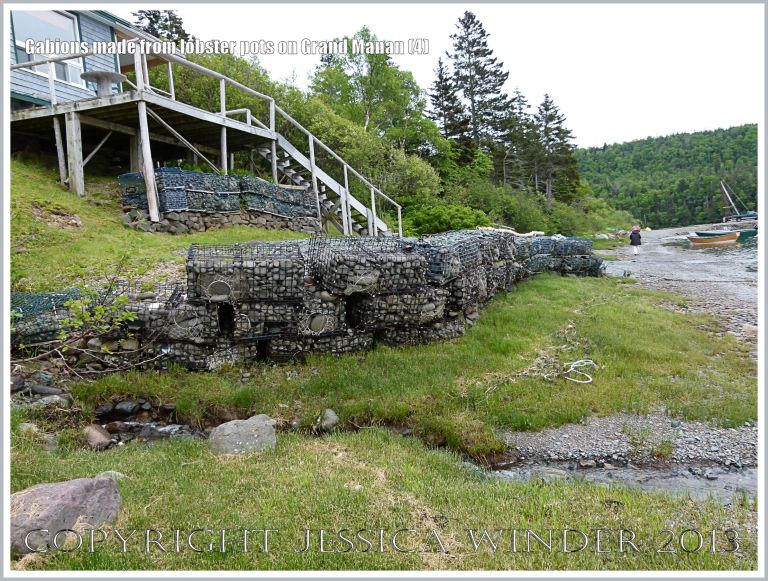 Sea defence gabions made with pebble-filled old lobster pots