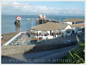 View of Mumbles Pier from above, near Swansea, South Wales.