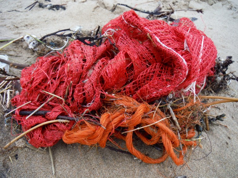 Red net bag flotsam washed ashore