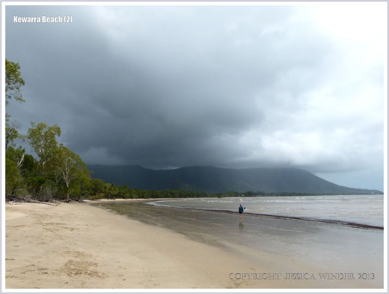 View of tropical beach with rain clouds