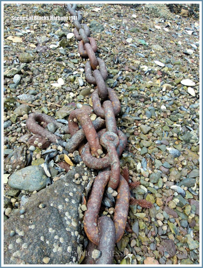 Rusty mooring chain lying on a stoney beach