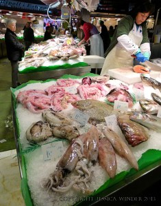 Seafood displayed on a Spanish market stall