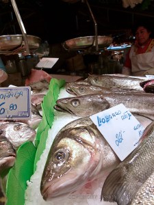 Seafood displayed on a Spanish market stall
