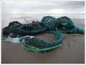 Green fishing net washed up as flotsam on a sandy beach