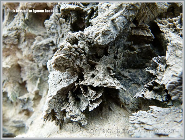 Black crystal formations in boulders on the beach