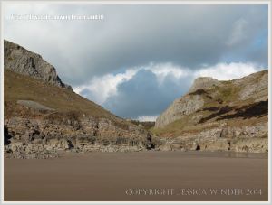 Sand covered beach at Mewslade Bay prior to winter storms