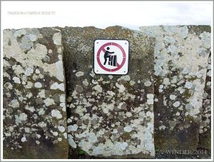 Liscannor flags forming a wall at the Cliffs of Moher with a warning sign against climbing