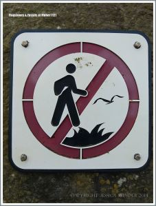 Warning sign against walking on cliff edge and disturbing wildlife