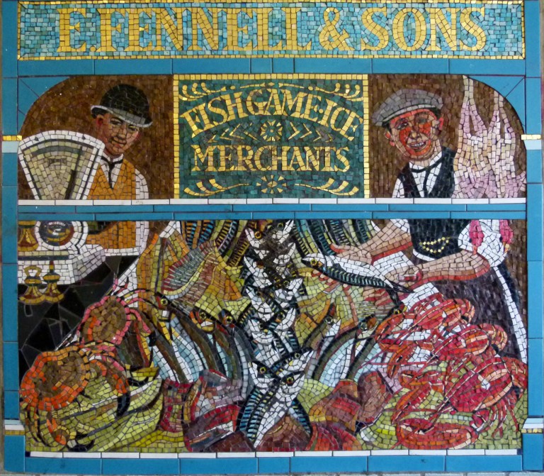 Mosaic of old-fashioned fishmongers shop