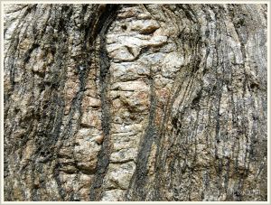 Layers in a rock boulder on the beach at Normanby Island