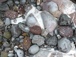Bedrock and water-worn beach stones in the fault gully at Mewslade Bay