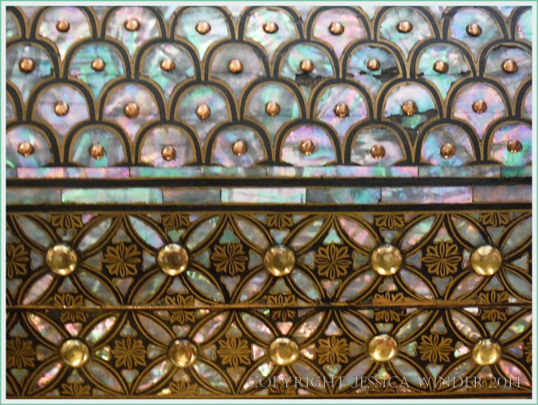 Mother of pearl decorative inlay on a 16th century Japanese coffer
