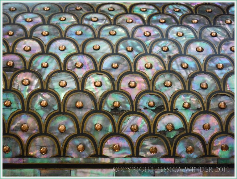 Mother of pearl decorative inlay on a 16th century Japanese coffer