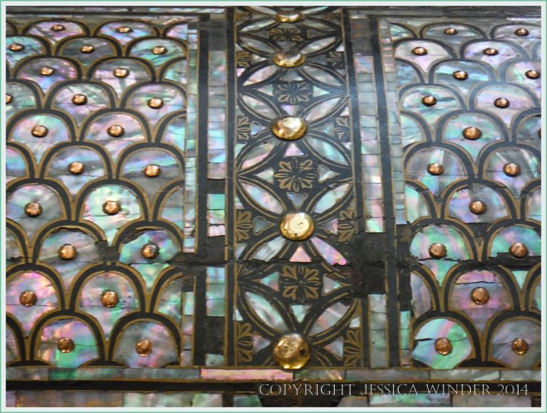 Mother of pearl decorative inlay on a 16th century Japanese coffer