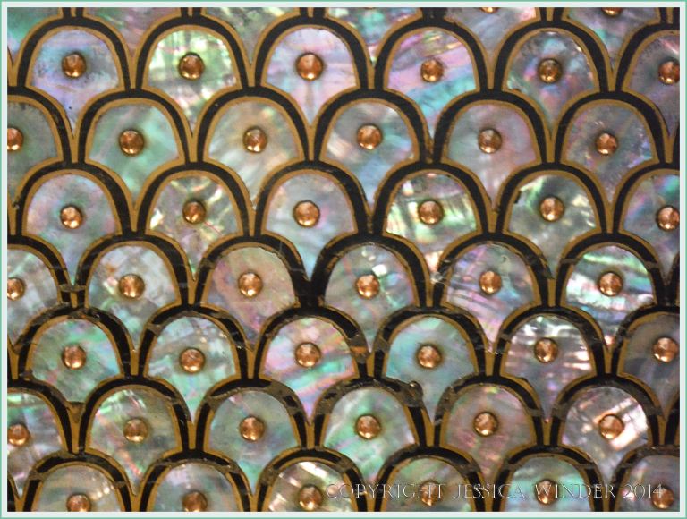 Mother of pearl decorative inlay on a 16th century Japanese coffer