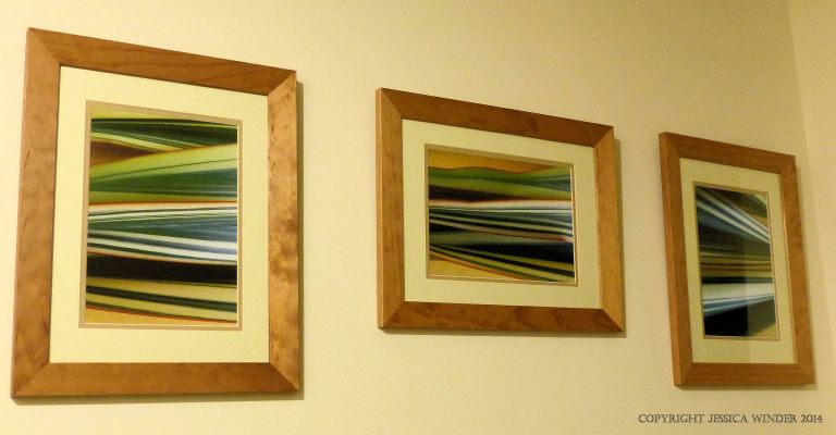 Group of framed pictures of abstract striped pattern in leaves on the wall