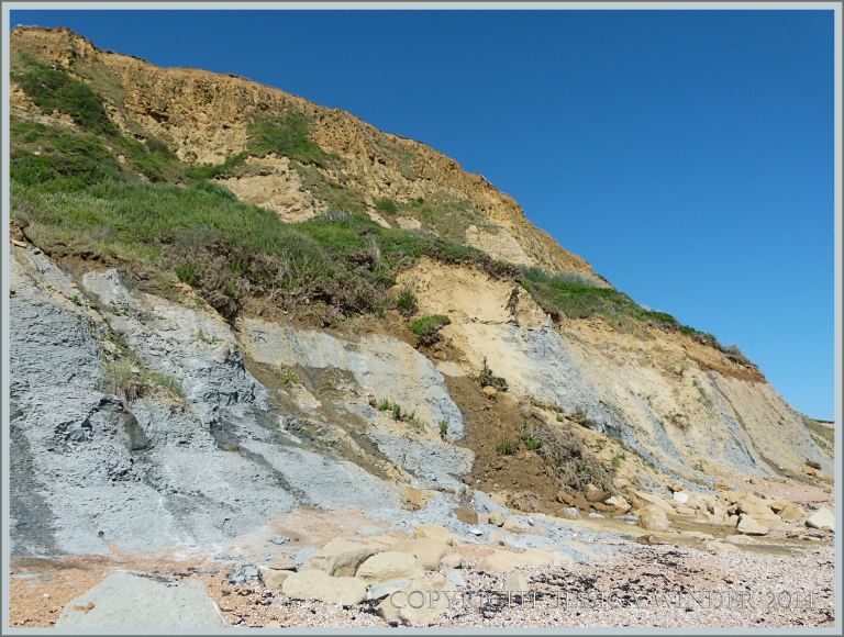 Blue-grey clay and yellow sandstone strata at Eype Beach