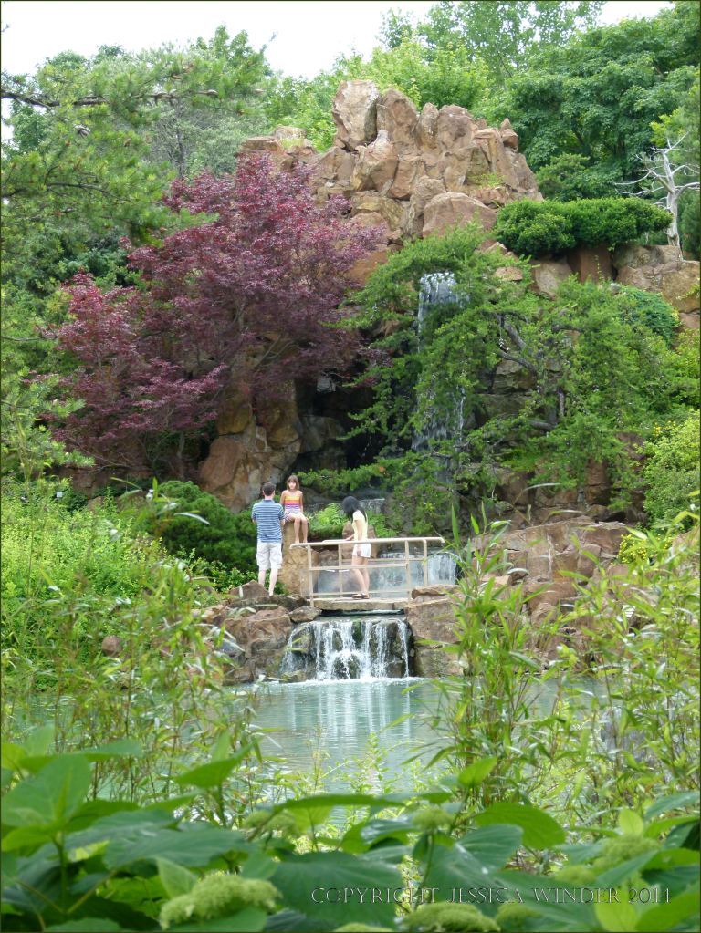 Cascade by the lake in the Chinese Garden at Jardin Botanique de Montreal
