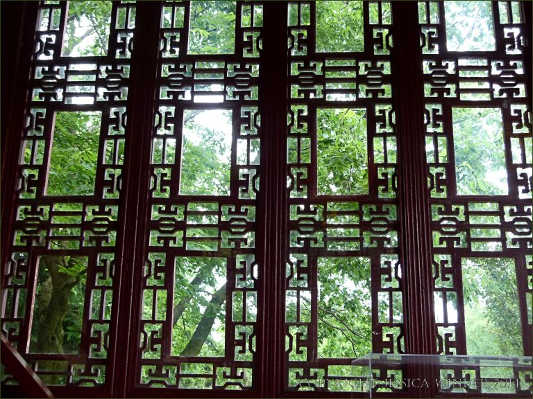 Trellis-work at the window of a Chinese pavilion in Jardin Botanique de Montreal