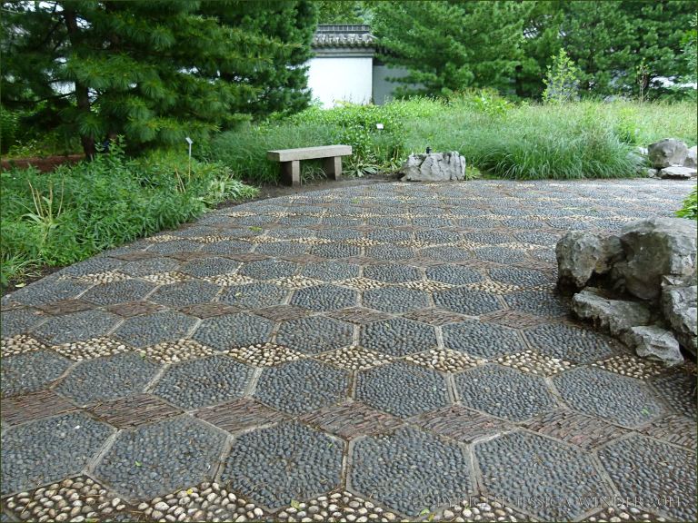 Pebble patterned path in the Chinese garden at Jardin Botanique de Montreal