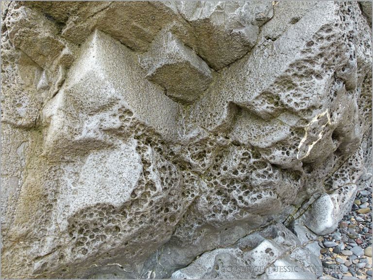The effects of erosion on the surface of limestone in seashore cliffs
