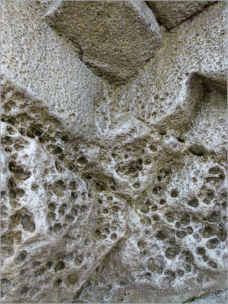 The effects of erosion on the surface of limestone in seashore cliffs