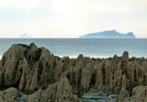 Upright parallel strata on the shore