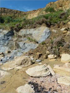 Sedimentary rock beach boulders at the base of clay cliffs.