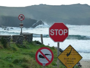 Warning signs against swimming at Clogher