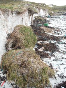 Eroding sand dunes of tombola with large clods of turf and fence posts on the beach