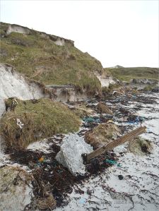 Eroding sand dunes of tombola with large clods of turf and fence posts on the beach