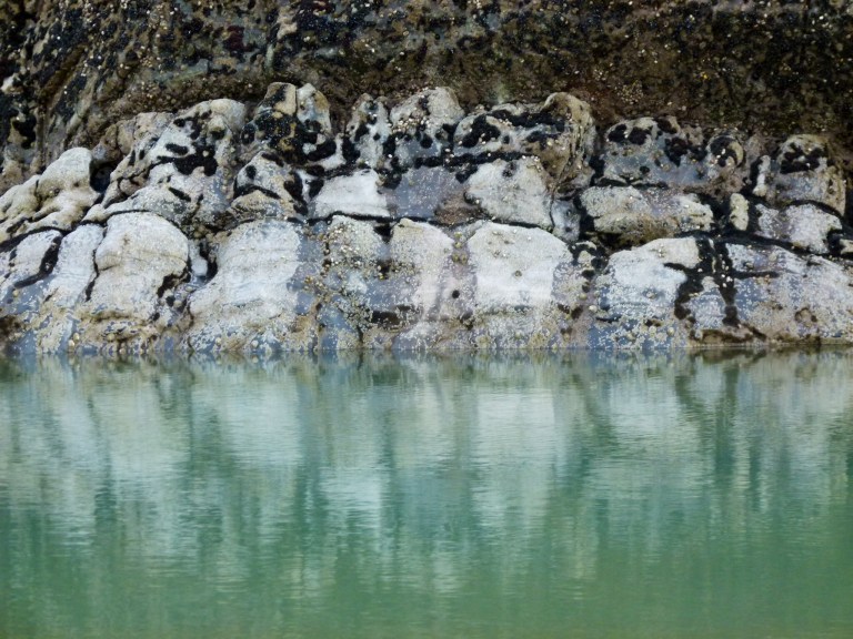 Blue tidal pool water and limestone rock face