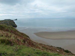 View along the cliff top at Rhossili towards Worms Head.