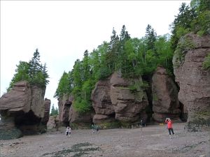 View from beach level of red cliffs and "flower pots" at Hopewell Rocks in New Brunswick.