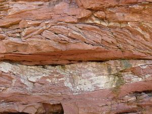 Vertical cross-section through red Triassic rock strata in the cliff at Waterside, New Brunswick.