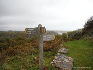 Sign post on top of the headland directing to Pwll Du Bay