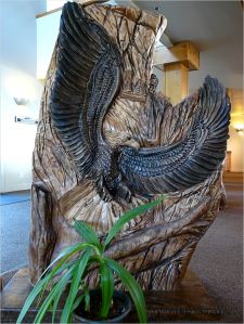 Carved wooden eagle at Overleaf Lodge, Yachats, Oregon.