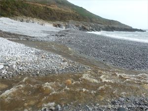 Two streams of water running from the base of shingle banks into the sea
