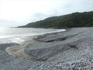 Two streams of water running from the base of shingle banks into the sea