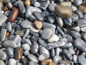 Pebbles at the water's edge in Pwll Du Bay