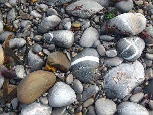 Pebbles at the water's edge in Pwll Du Bay